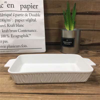 Nice design rectangle white ceramic baking plate porcelain bakeware with two handles